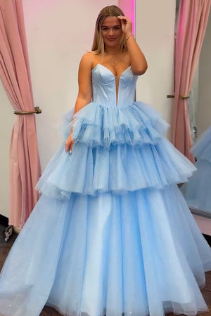 Blue Tulle Tiered Corset Prom Dress with Slit