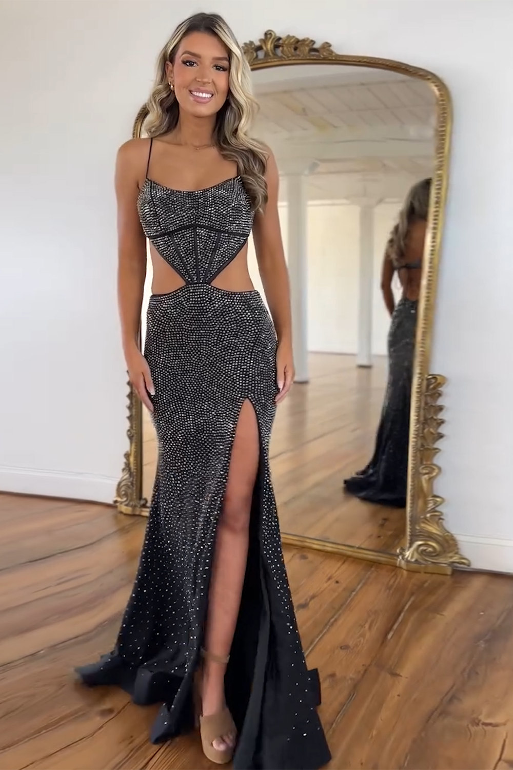 Glitter Beaded Hollow-out Corset Prom Dress with Slit