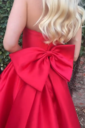 Simple Red A Line Strapless Prom Dress with Bow