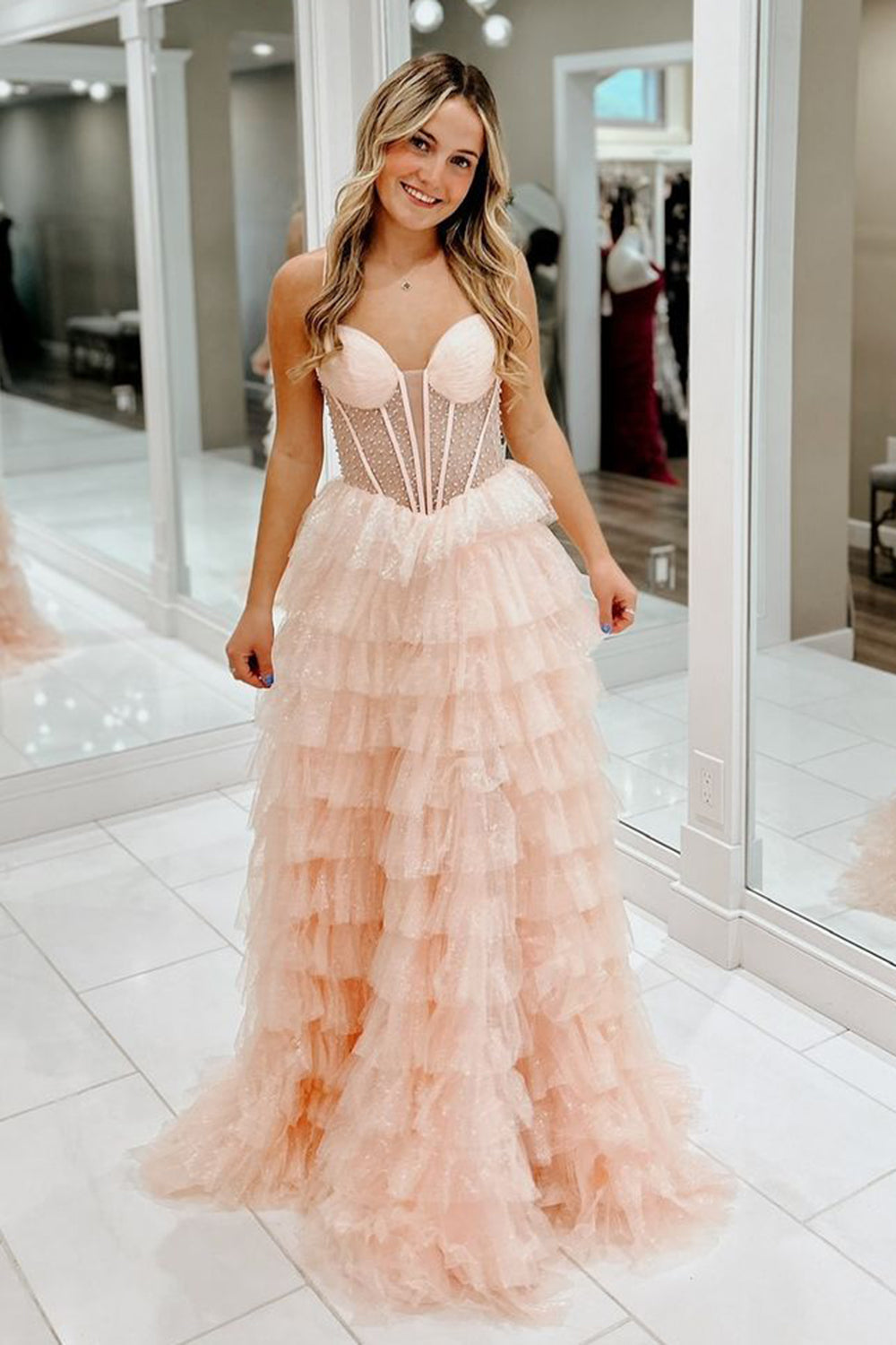 Pink Tiered Tulle Corset Beaded Spaghetti Straps Prom Dress