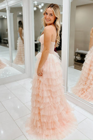 Pink Tiered Tulle Corset Beaded Spaghetti Straps Prom Dress