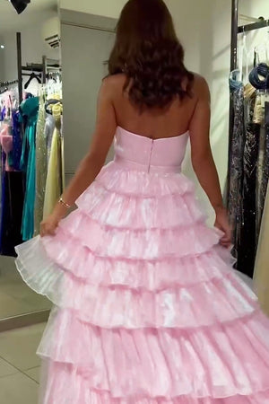 Pink Tulle Tiered Strapless Prom Dress with Zipper