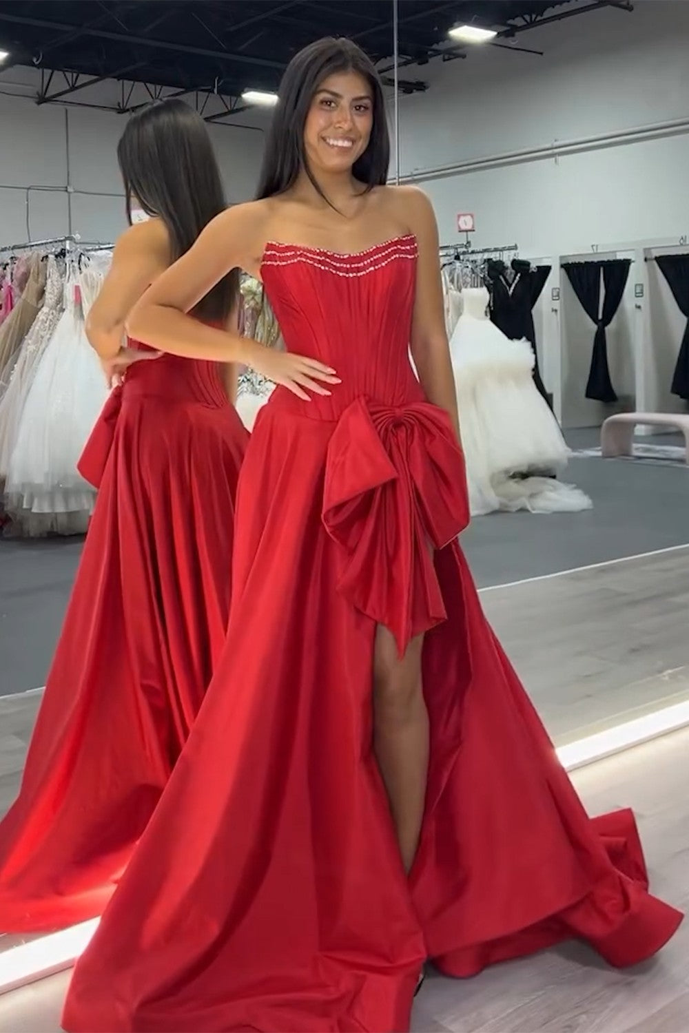 Red Corset Bow A Line Strapless Prom Dress with Slit