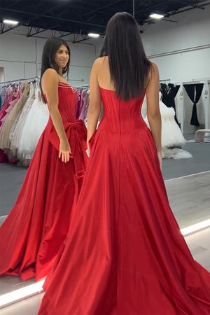 Red Corset Bow A Line Strapless Prom Dress with Slit