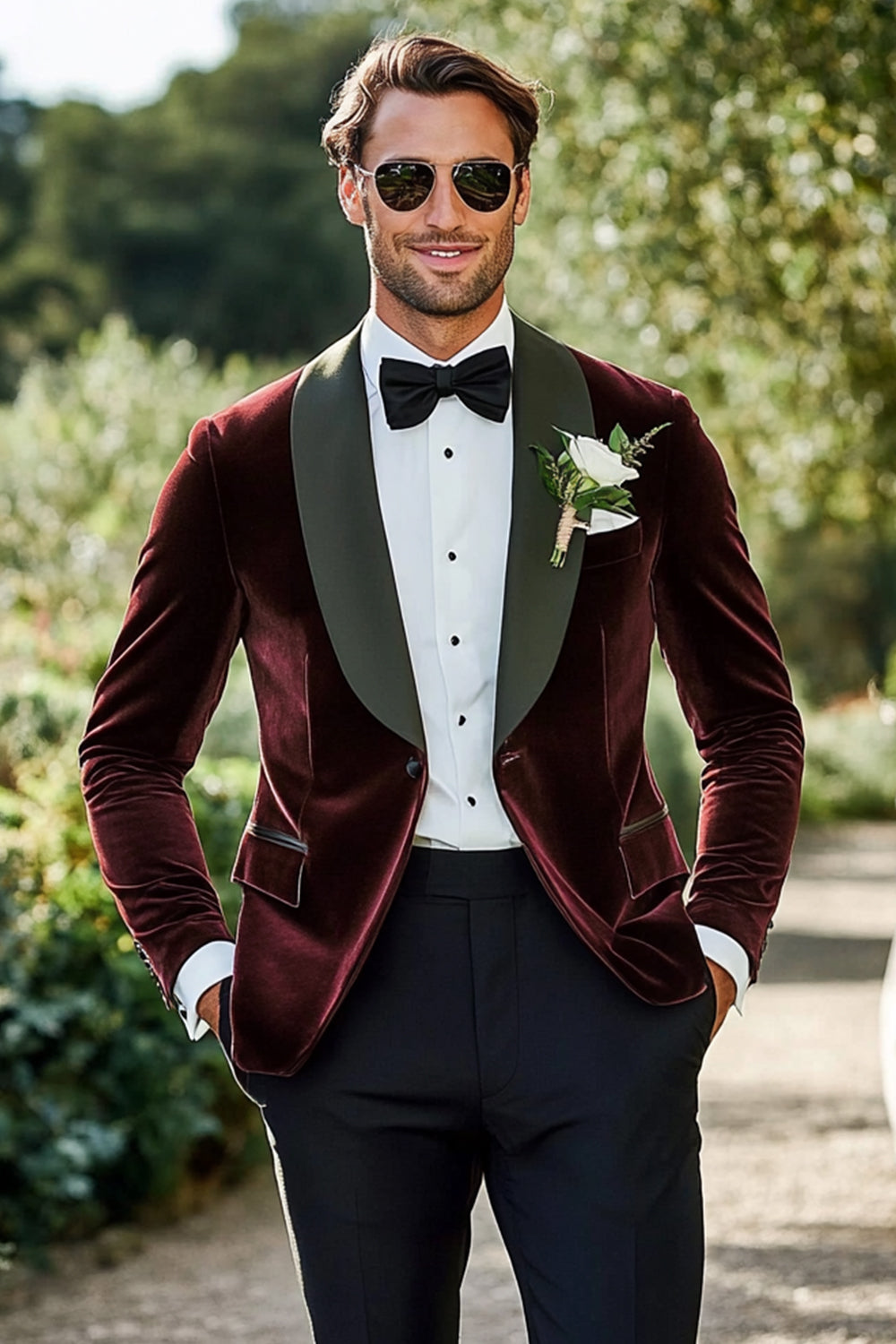 One Button Dark Red Shawl Lapel 2 Pieces Men Prom Suits