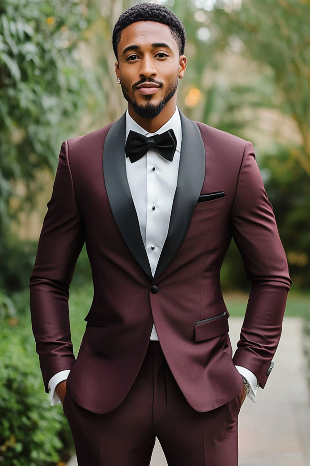 Men's One Button Dark Red 2 Pieces Prom Suits with Shawl Lapel