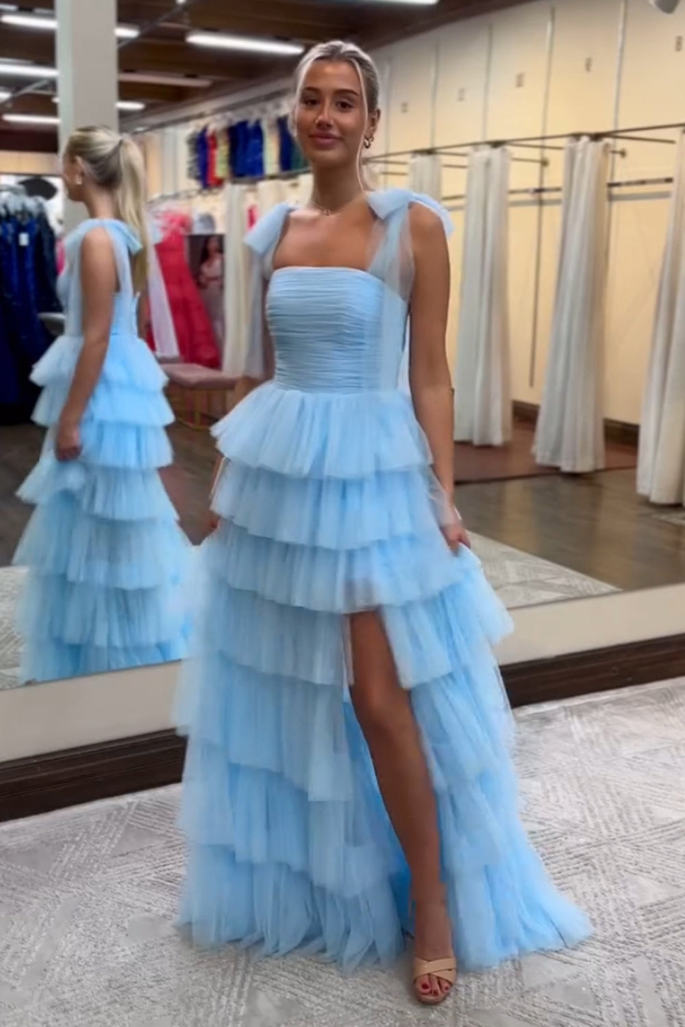 Blue Tiered Tulle Pleated Spaghetti Straps Prom Dress with Slit