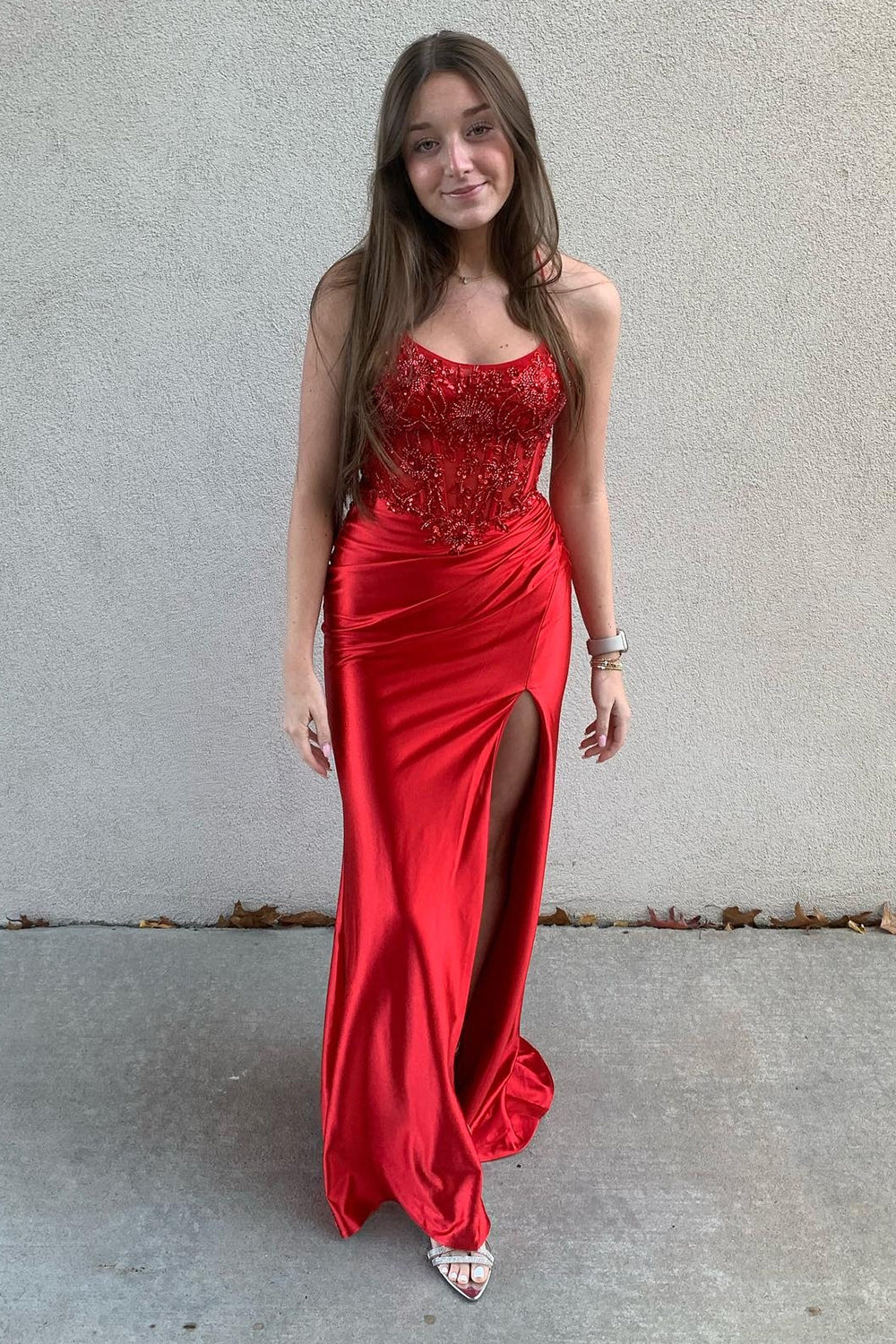 Red Appliques Pleated Corset Tight Prom Dress with Slit