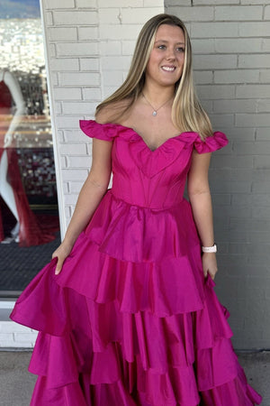 Fuchsia Corset Tiered Chiffon Off The Shoulder Prom Dress