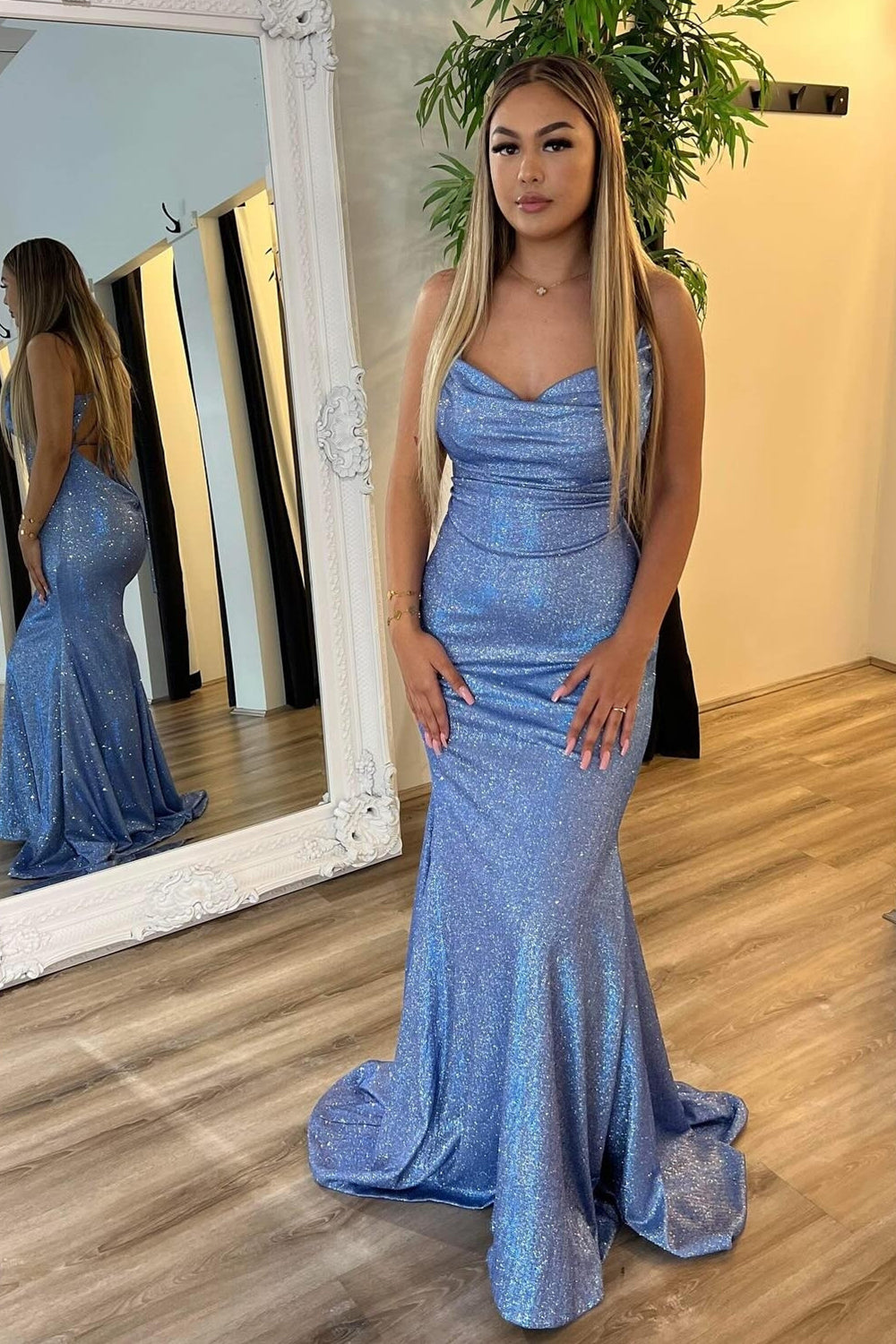 Sparkly Grey Blue Mermaid Tight Pleated Prom Dress