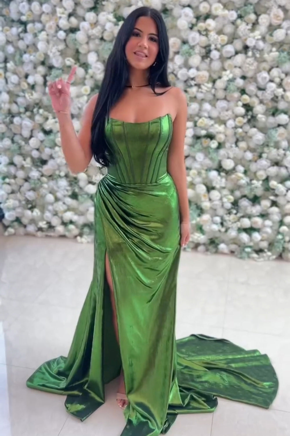 Green Corset Tight Pleated Strapless Prom Dress with Slit