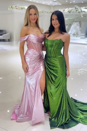 Green Corset Tight Pleated Strapless Prom Dress with Slit