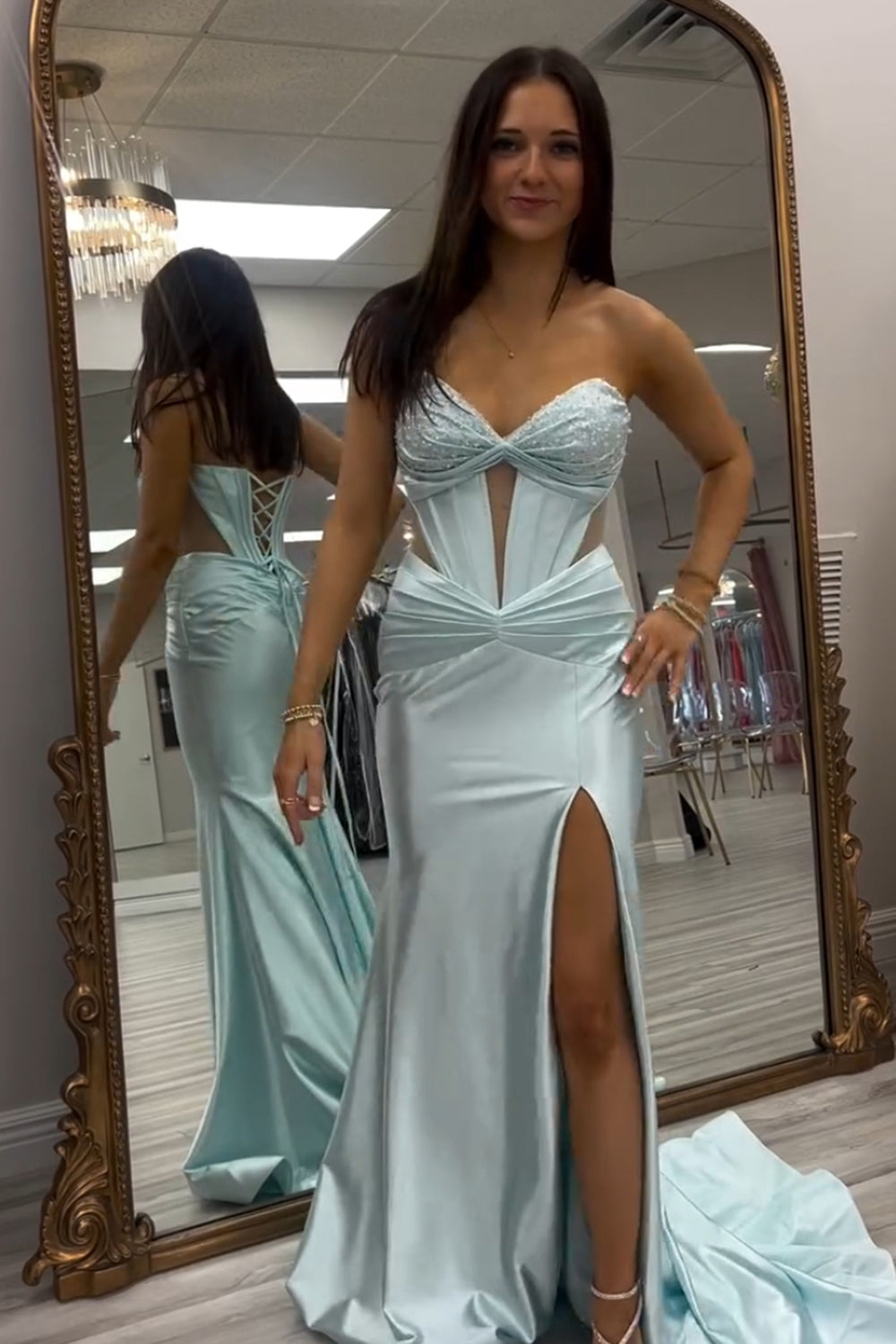 Light Green Sweetheart Hollow-out Mermaid Prom Dress with Slit