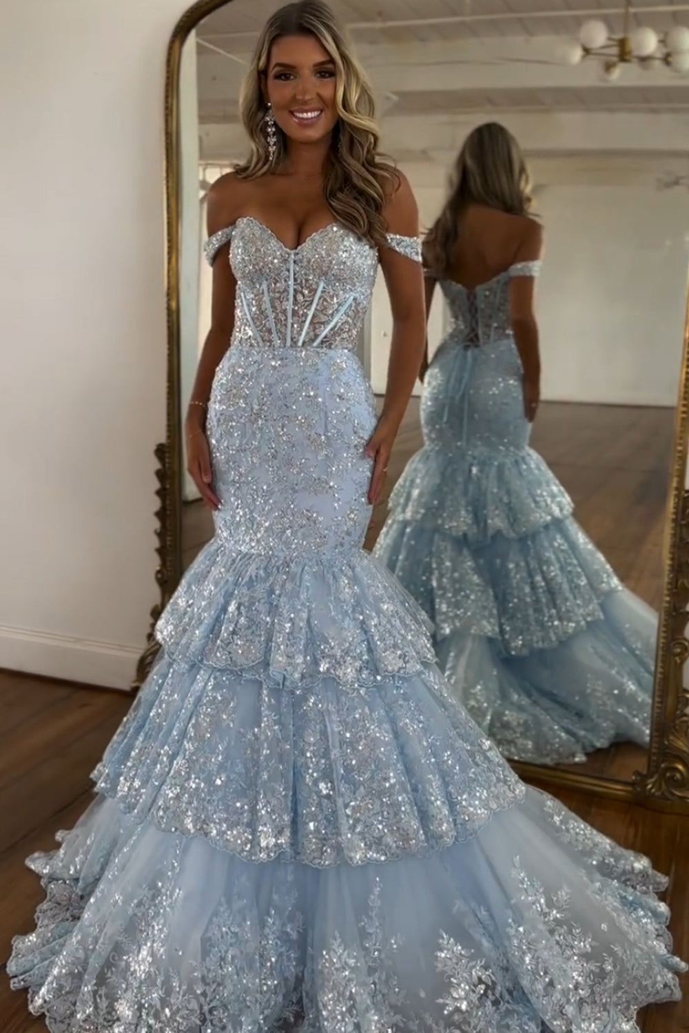 Sparkly Light Blue Appliqued Off The Shoulder Tiered Corst Prom Dress