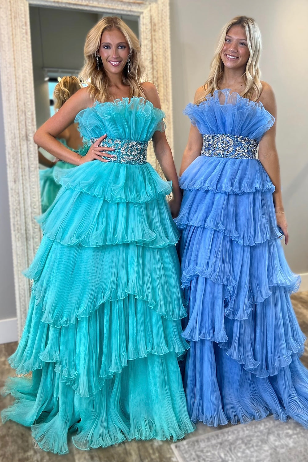 Blue Organza Ruffle Tiered Princess Prom Dress