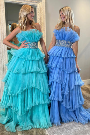 Blue Organza Ruffle Tiered Princess Prom Dress