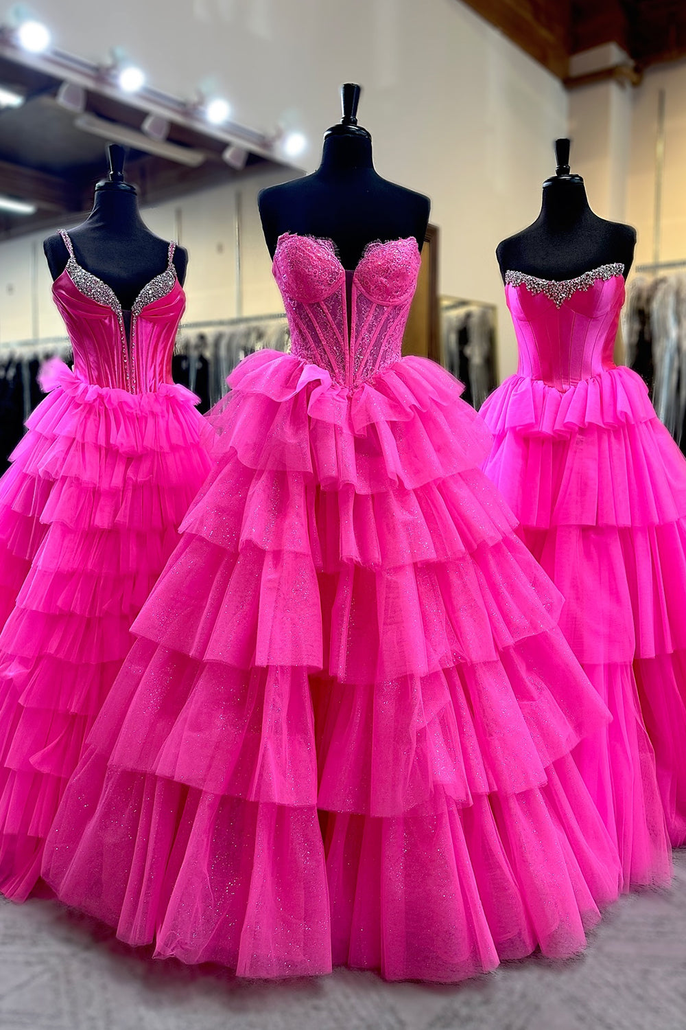 Sparkly Fuchsia Tiered Corset Princess Tulle Prom Dress