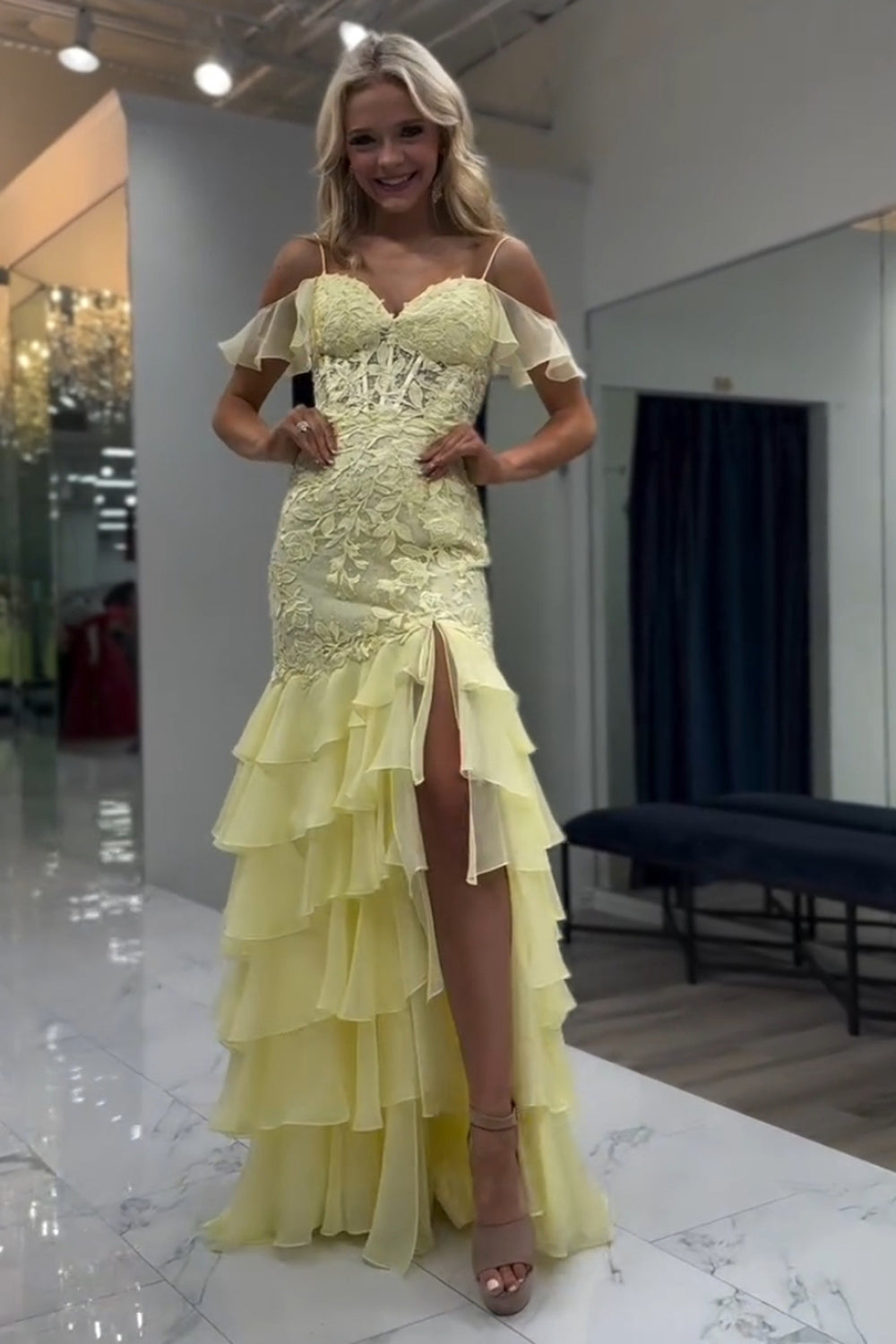 Yellow Appliques Tiered Spaghetti Straps Prom Dress with Slit