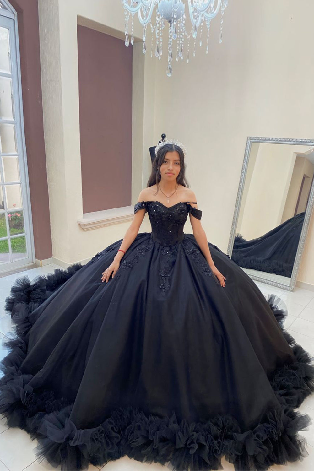 Black Flower Train Ruffles Appliques Off The Shoulder Quinceanera Dress