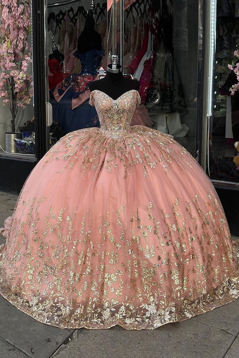 Blush Appliques Strapless Tiered Train Quinceanera Dress