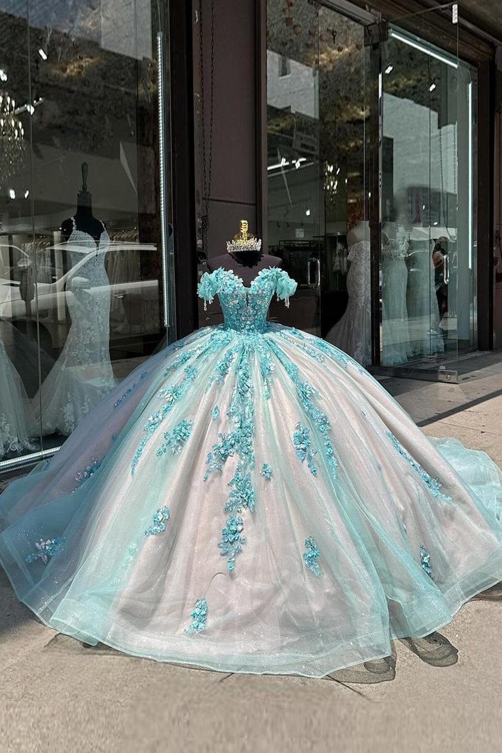 3D Floral Off The Shoulder Green Appliques Tulle Quinceanera Dress