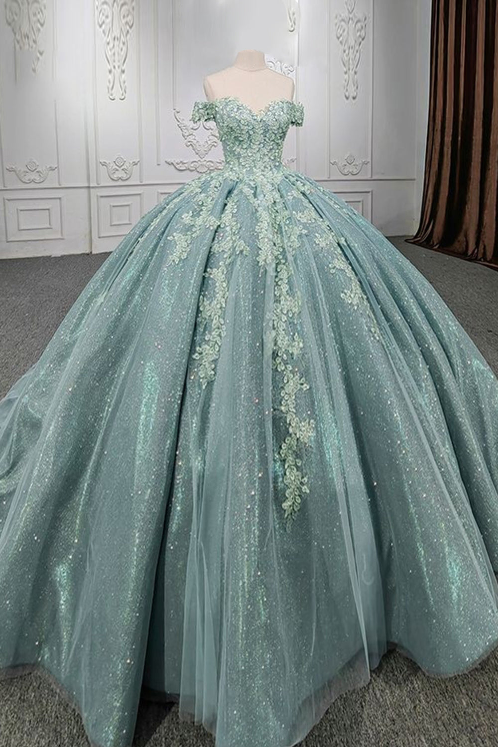 Sparkly Grey Green Floral Appliques Train Off The Shoulder Quinceanera Dress