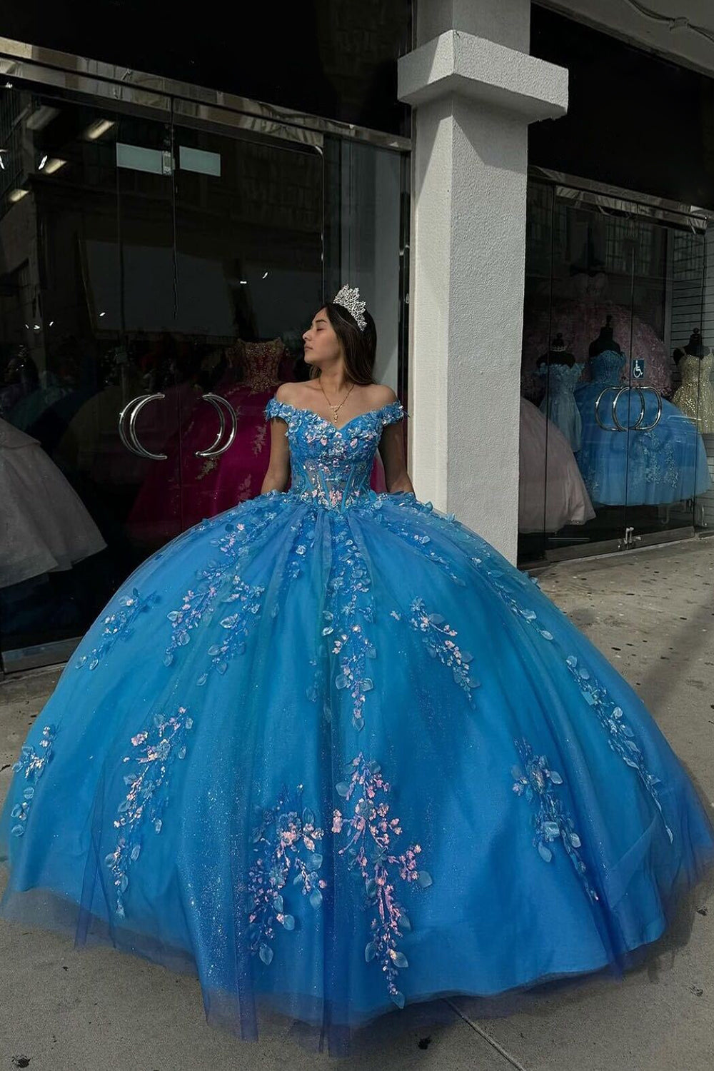 Sparkly Appliques Blue Corset Off The Shoulder Quinceanera Dress