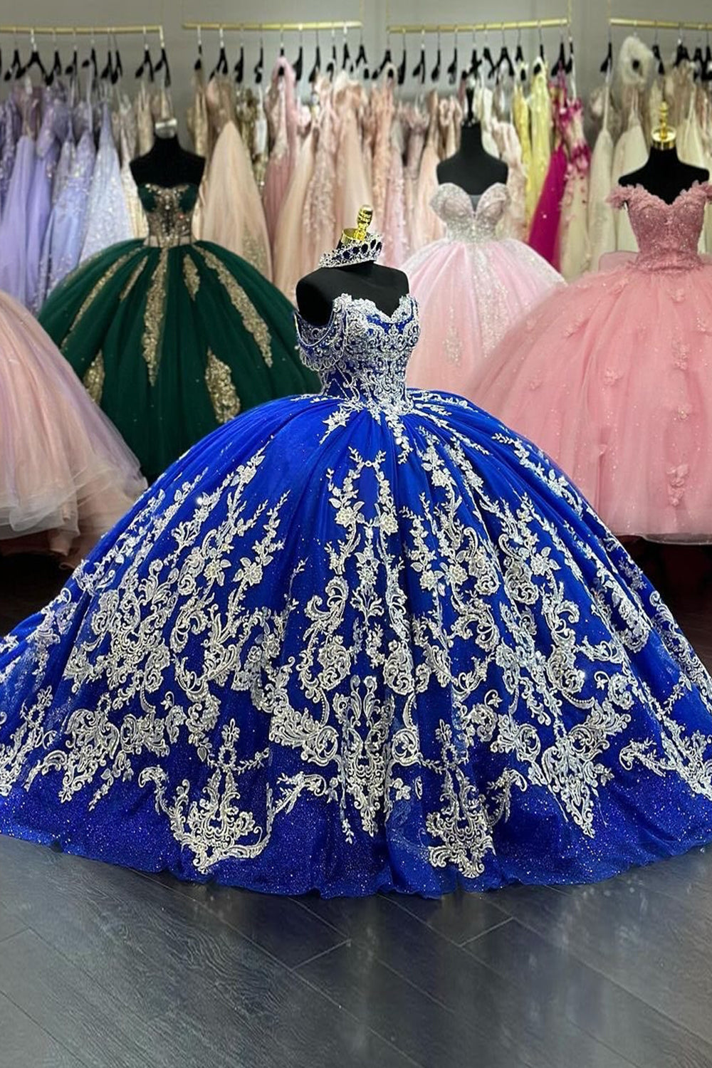 Sparkly Royal Blue Ball Gown Off-Shoulder Appliques Quinceanera Dress