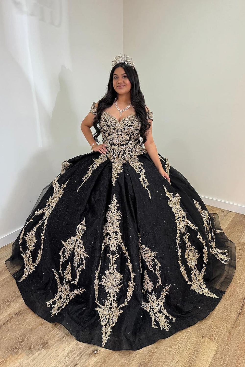 Sparkly Black Off-Shoulder Appliques Quinceanera Dress with Beads