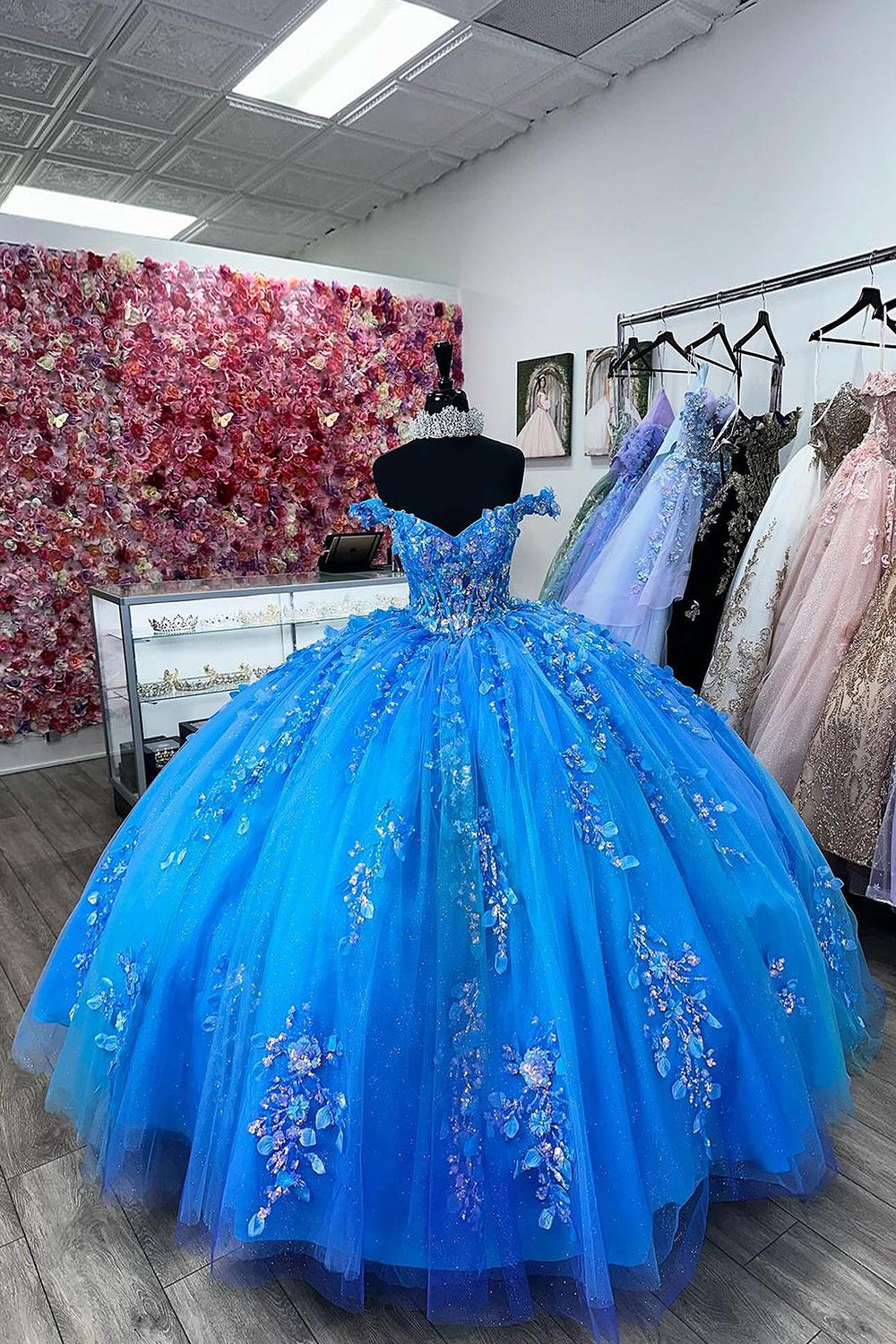 Sparkly Floral Off The Shoulder Appliques Blue Corset Quinceanera Dress