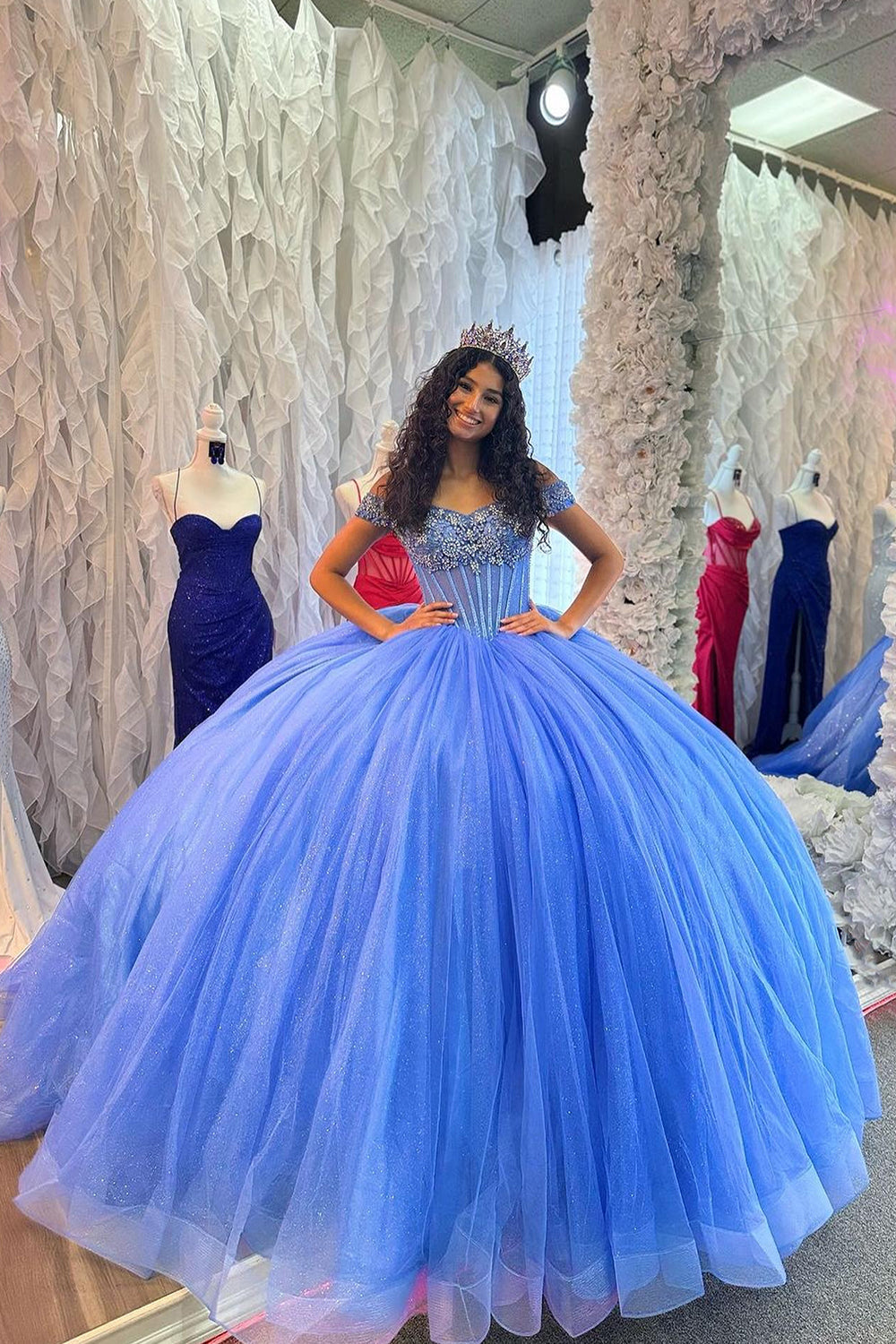 Sparkly Beads Appliques Blue Tulle Corset Off-Shoulder Quinceanera Dress