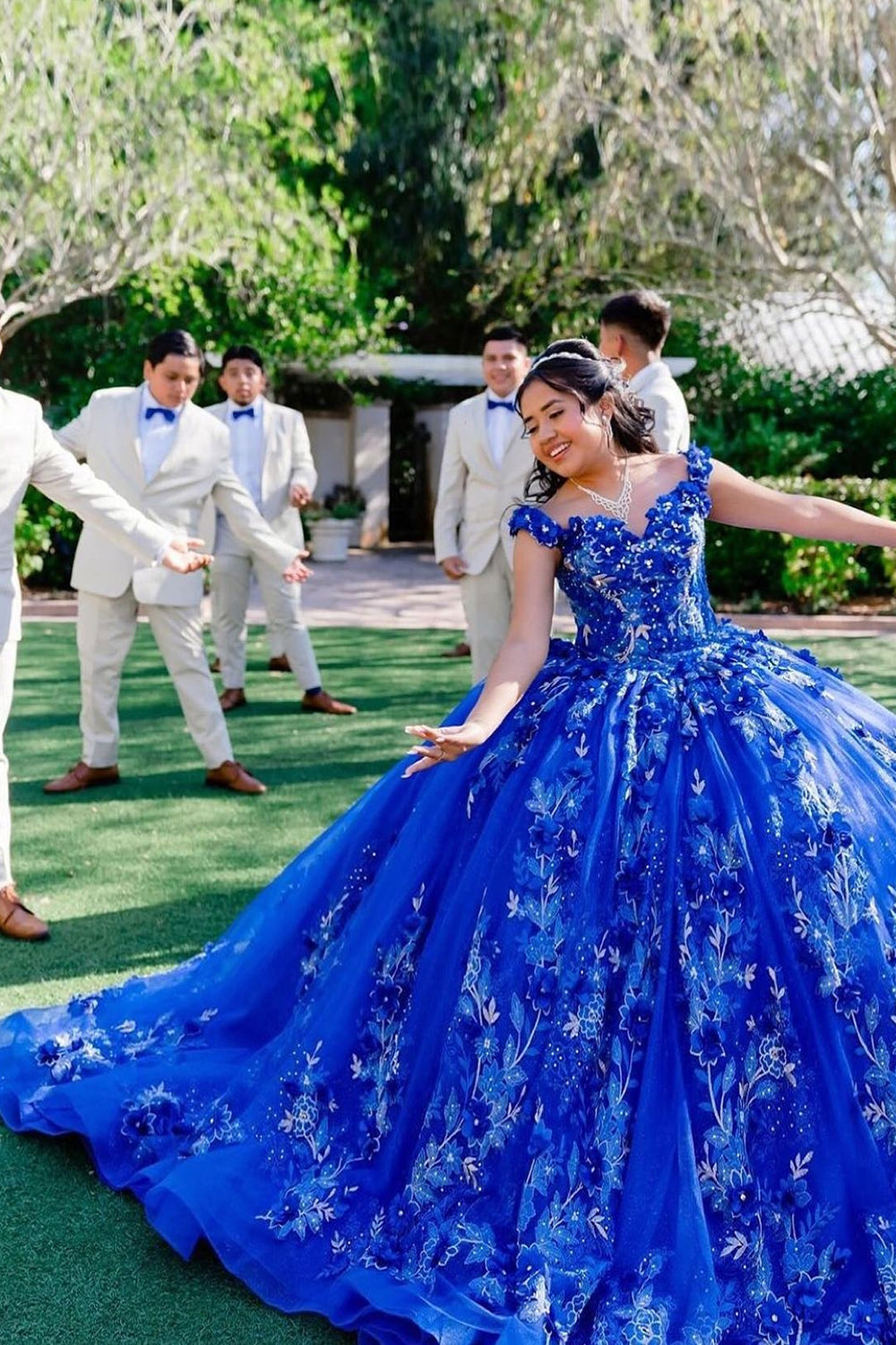 Sparkly Royal Blue Off The Shoulder Floral Appliques Quinceanera Dress