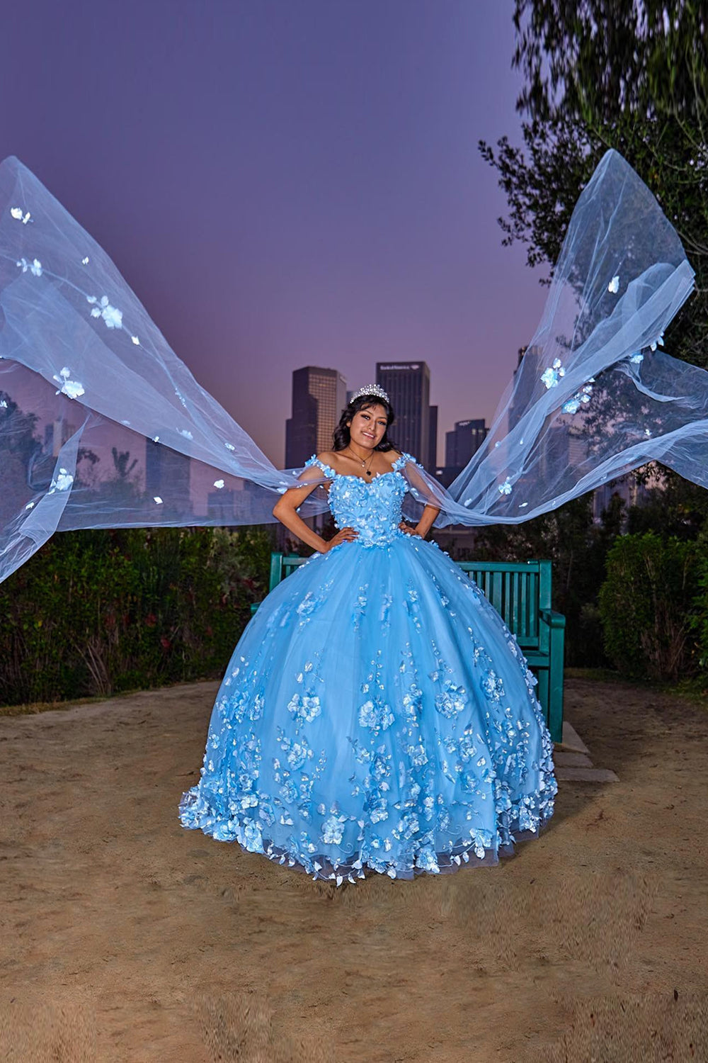 Off The Shoulder Sparkly Blue Floral Appliques Tulle Quinceanera Dress