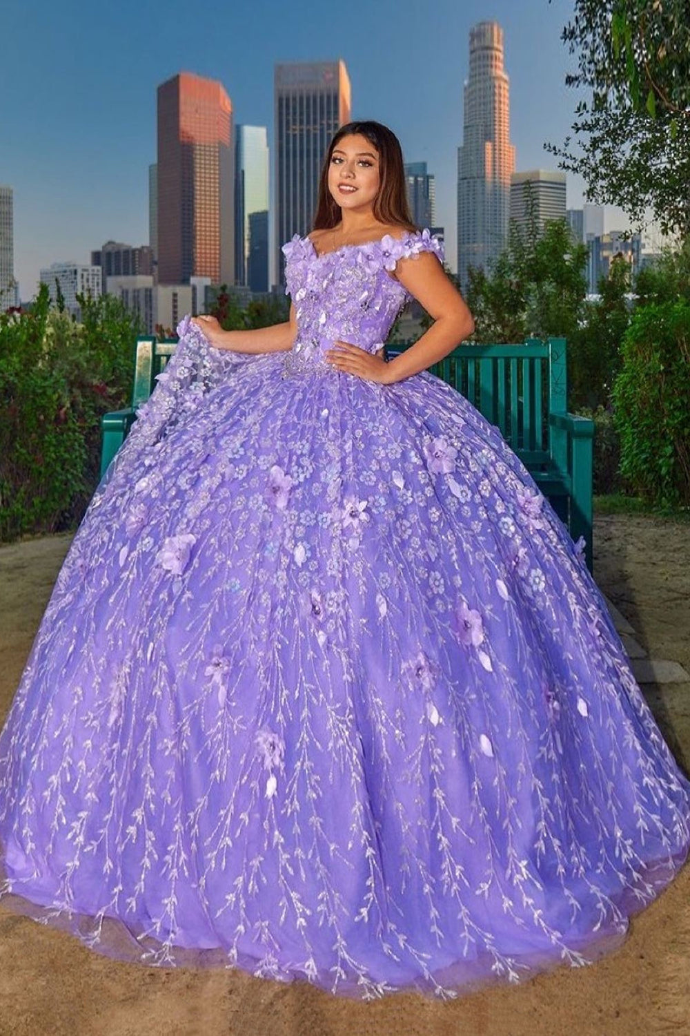 Sparkly Purple Floral Appliques Off The Shoulder Quinceanera Dress