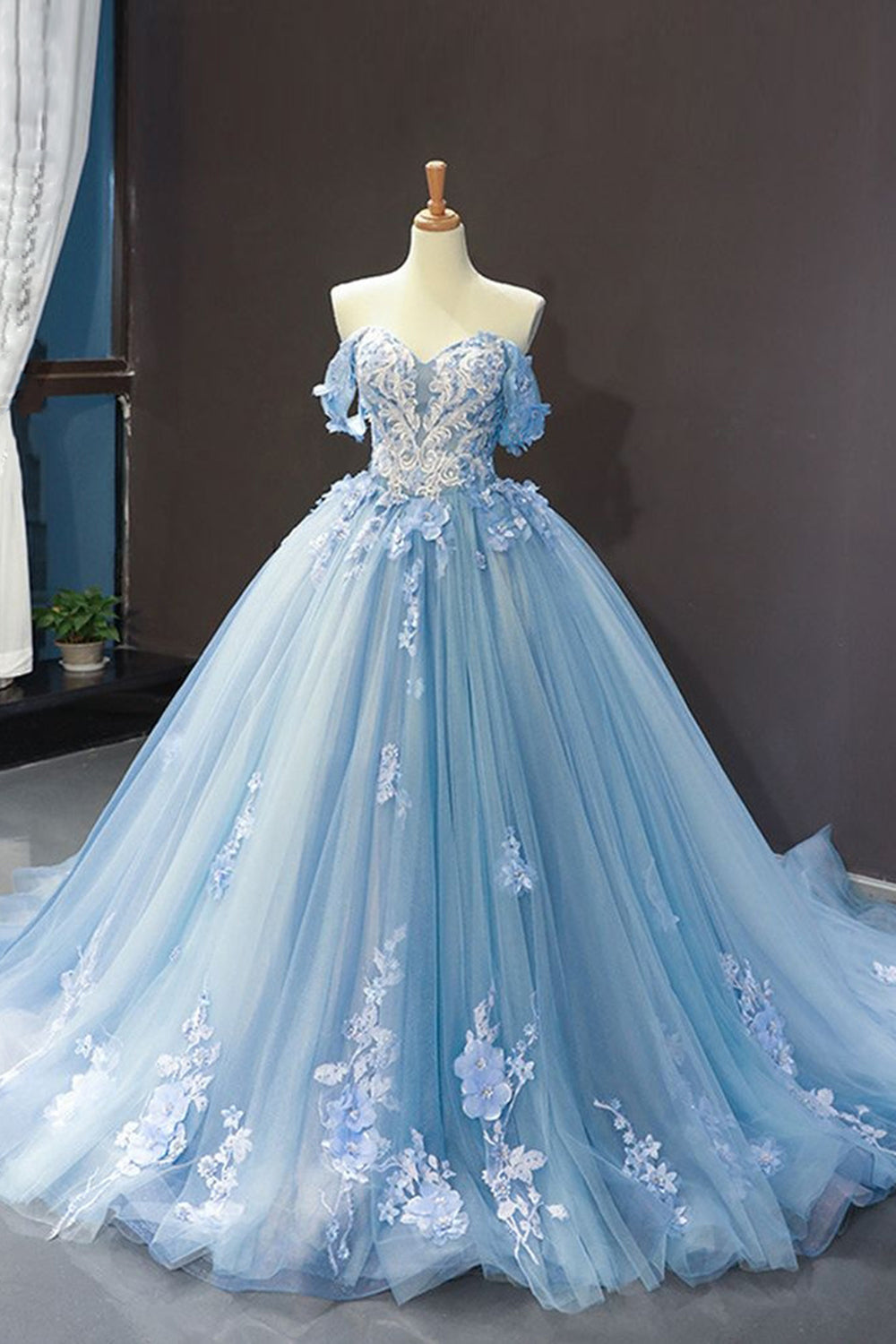 Blue Floral Appliques Embroidery Tulle Off The Shoulder Quinceanera Dress