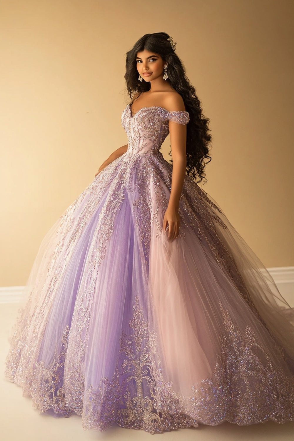 Sparkly Lilac Appliques Tulle Off The Shoulder Quinceanera Dress