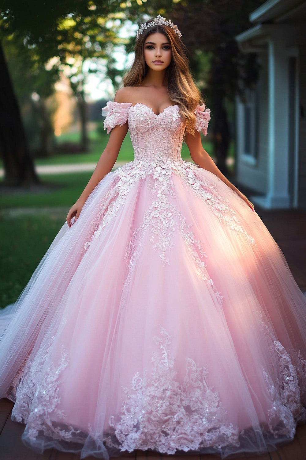 Pink Appliques Tulle Off The Shoulder Long Quinceanera Dress