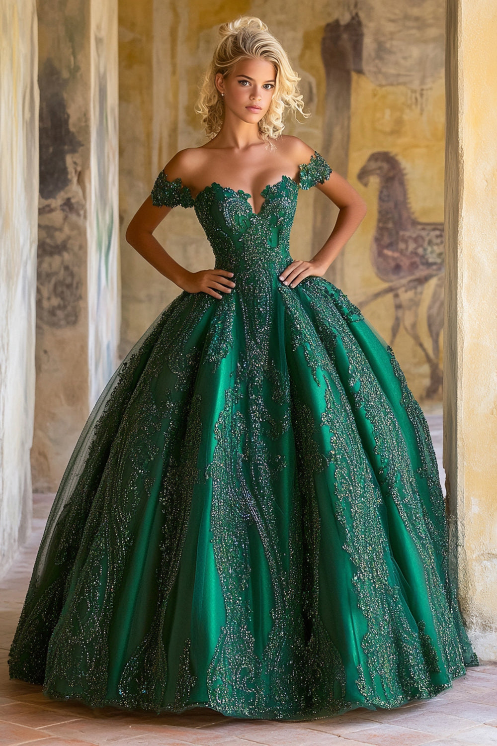 Glitter Beaded Dark Green Off The Shoulder Long Quinceanera Dress