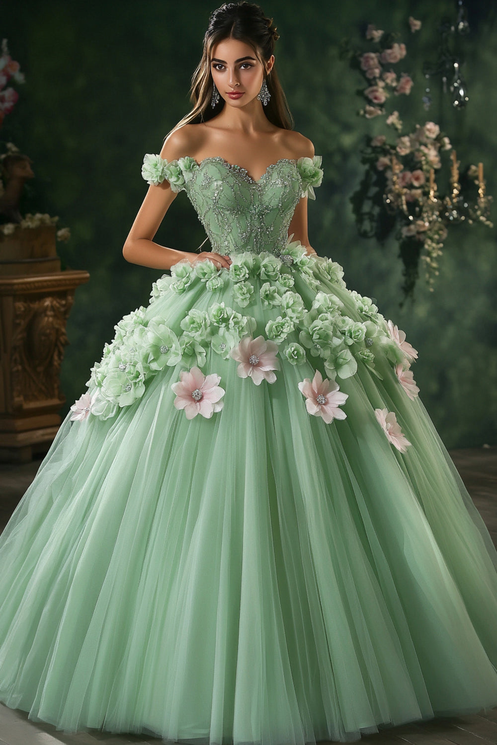 Green Floral Beaded Off The Shoulder Tulle Quinceanera Dress