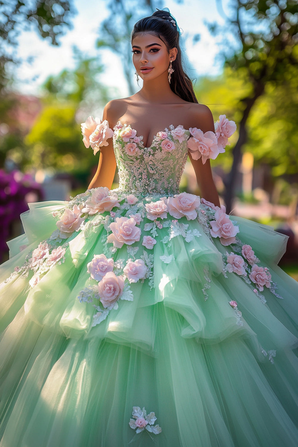 Floral Green Appliques Tulle Tiered Off The Shoulder Quinceanera Dress