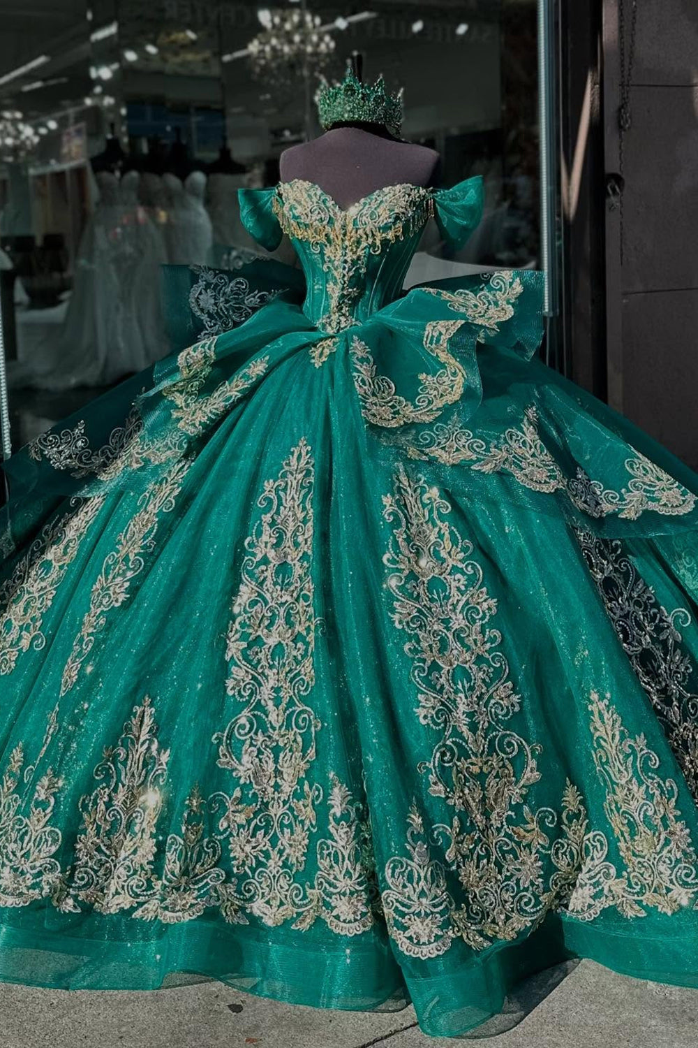 Appliques Dark Green Off the Shoulder Corset Tulle Quinceanera Dress with Removable Bow