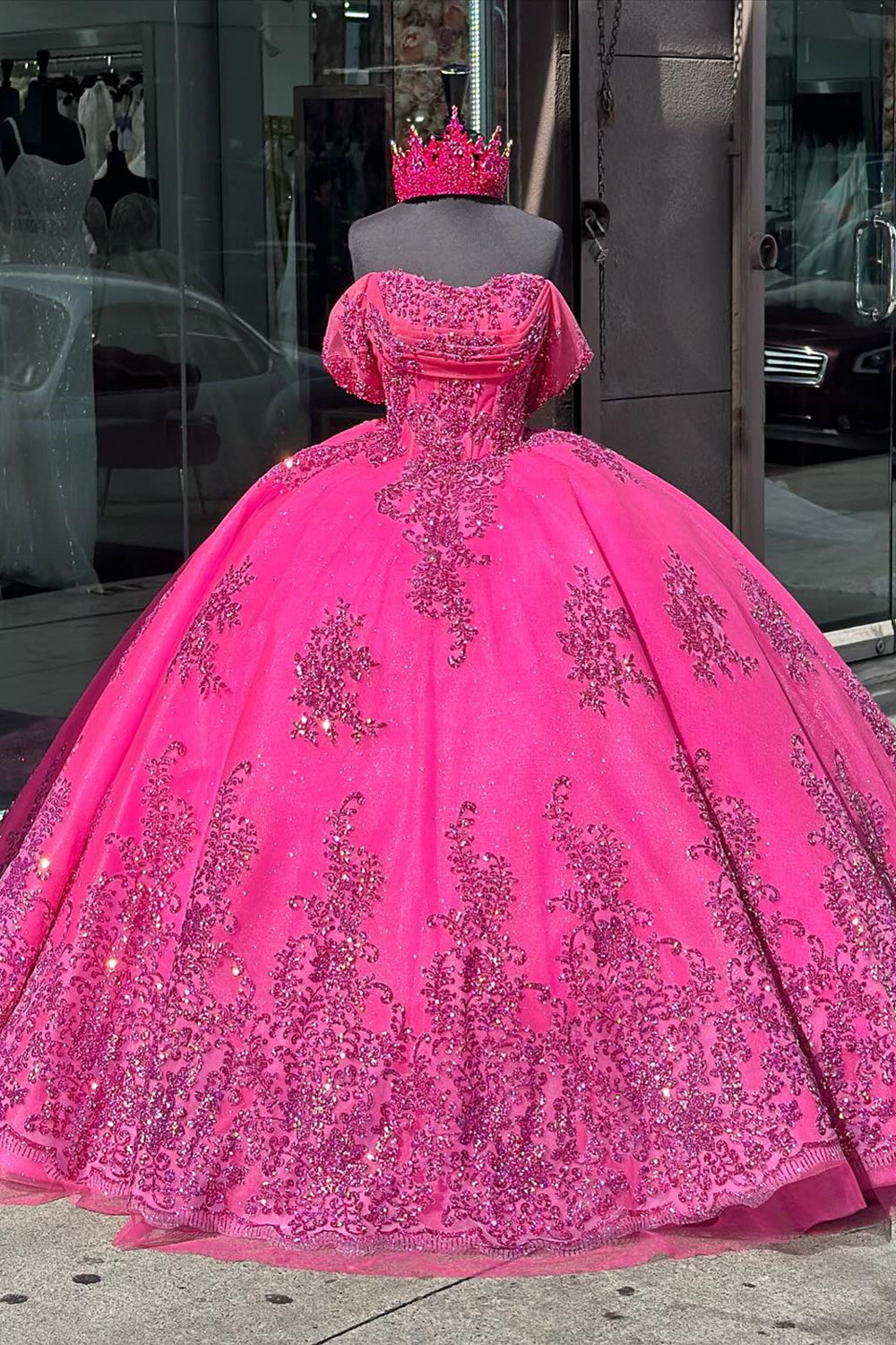 Sparkly Appliques Fuchsia Off the Shoulder Corset Tulle Quinceanera Dress with Bow