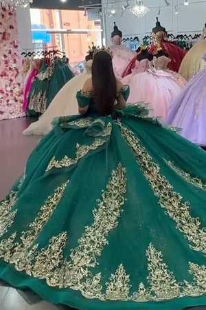 Sparkly Dark Green Tulle Ruffle Off the Shoulder Appliques Quinceanera Dress