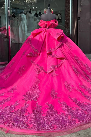 Sparkly Appliques Fuchsia Off the Shoulder Corset Tulle Quinceanera Dress with Bow