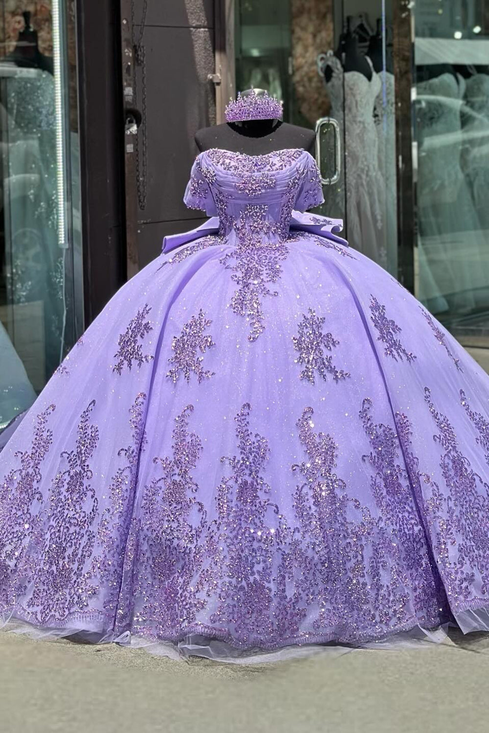 Off the Shoulder Purple Sparkly Appliques Quinceanera Dress with Bow