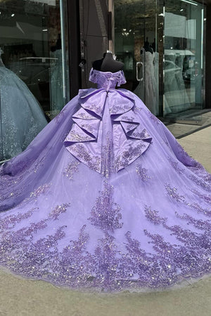 Sparkly Purple Appliques Off the Shoulder Corset Quinceanera Dress with Train