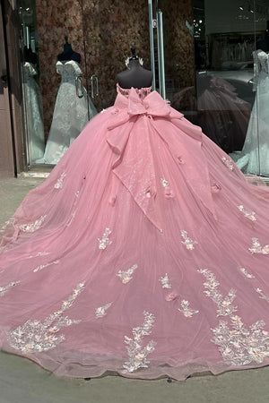 3D Floral Appliques Corset Off the Shoulder Pink Tulle Quinceanera Dress with Bow