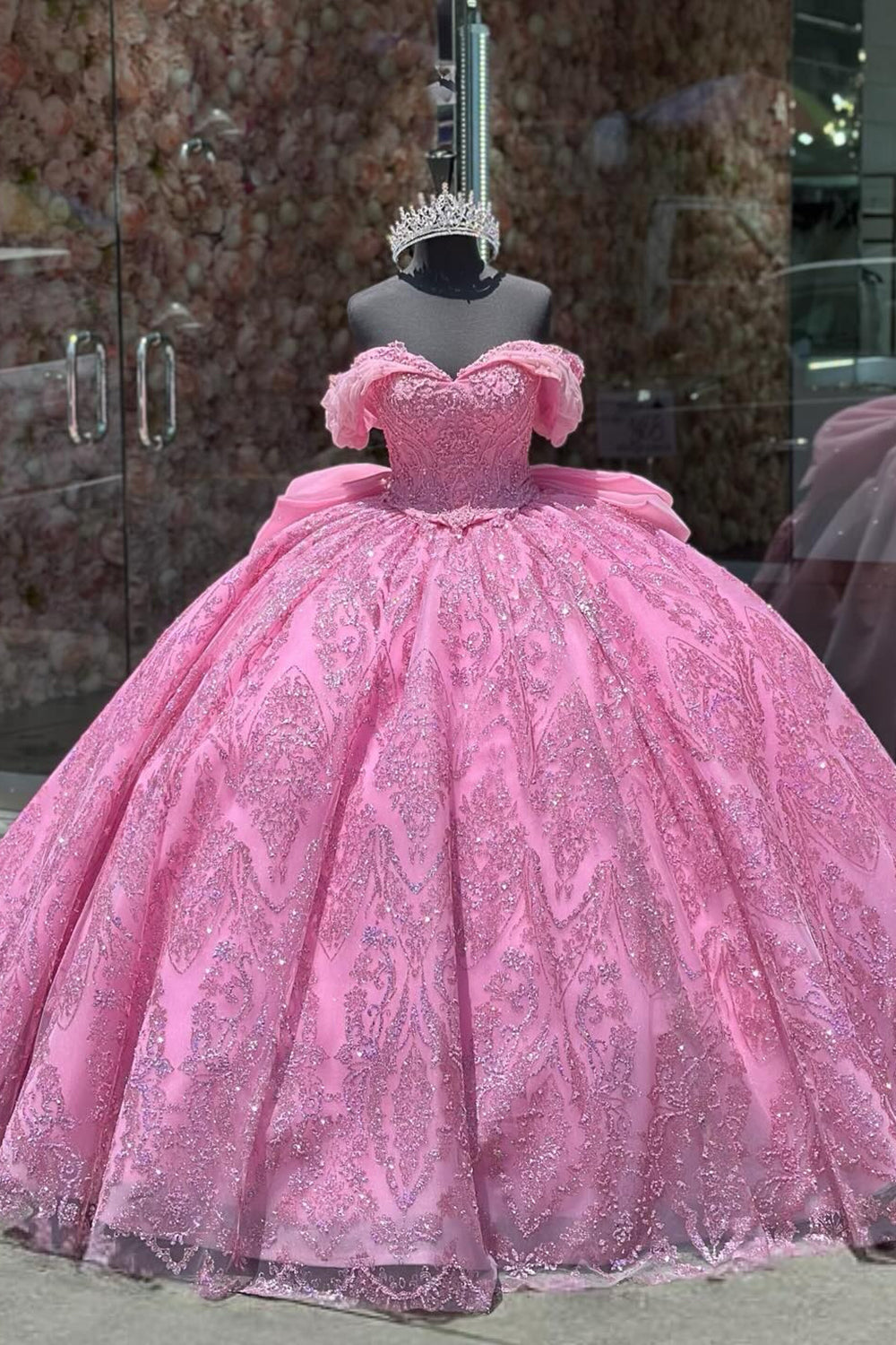 Hot Pink Off the Shoulder Sparkly Appiques Tulle Quinceanera Dress with Bow