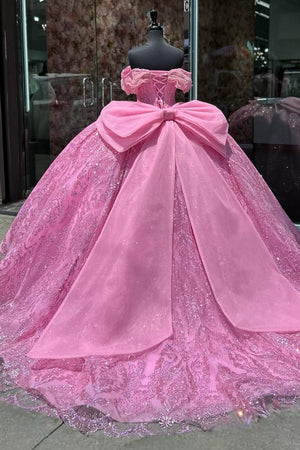 Hot Pink Off the Shoulder Sparkly Appiques Tulle Quinceanera Dress with Bow