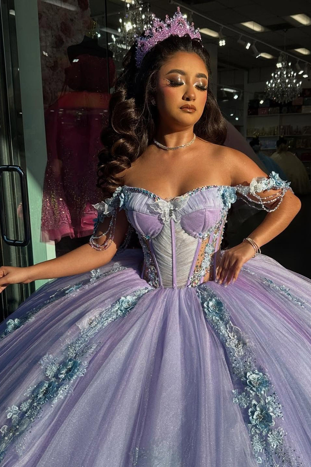 Lilac 3D Floral Sparkly Tulle Appiques Corset Off the Shoulder Quinceanera Dress